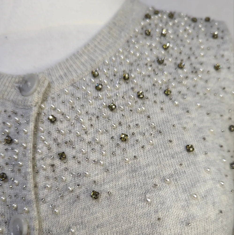 LOFT Gray Embellished Jewel Beaded Rabbit Hair Blend Cardigan‎ Sweater Small 645